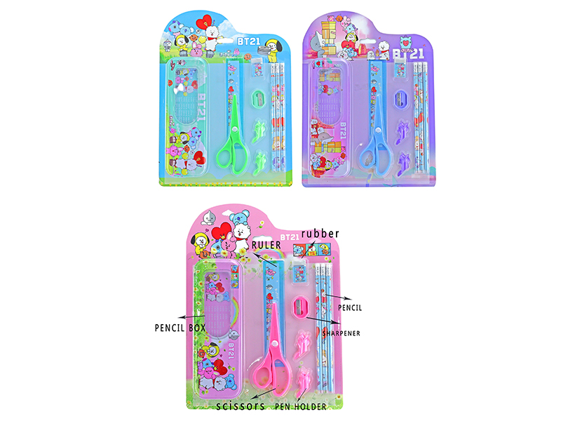 Stationery Set(Pencil Case +3 Pencils + Ruler + Scissor + Eraser + Sharpener + Pen Cap)