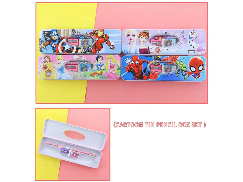 Cartoon Tinplate Pencil Box Stationery Set(Spider-Man, Princess, Avengers)