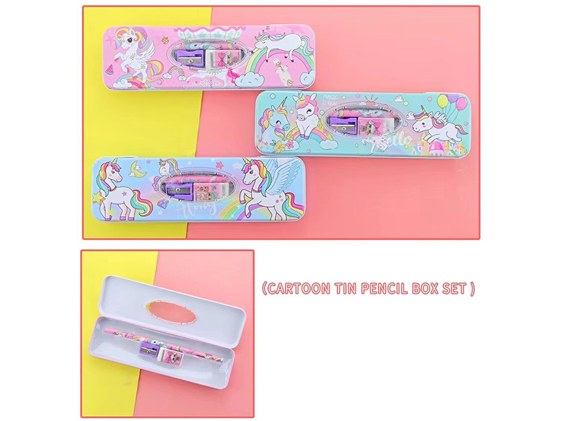 Cartoon Tinplate Pencil Box Stationery Set(Unicorn)