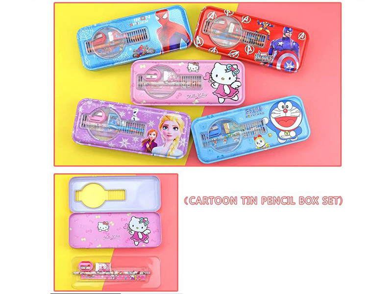 Cartoon Iron Pencil Box Stationery Set(Spider-Man,Princess, Avengers,Hello Kitty,Doraemon)