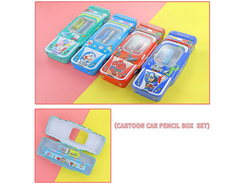 Cartoon Car Iron Pencil Box Stationery Set(Spider-Man,Doraemon,Unicorn,BT21 Universe)