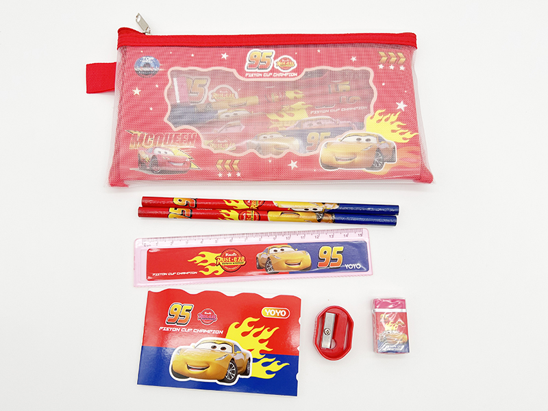 Zippered Bag Stationery Set (Pencil + Ruler + Notebook + Eraser + Sharpener)Cars