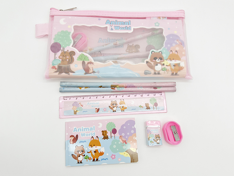 Zippered Bag Stationery Set (Pencil + Ruler + Notebook + Eraser + Sharpener)Animals World