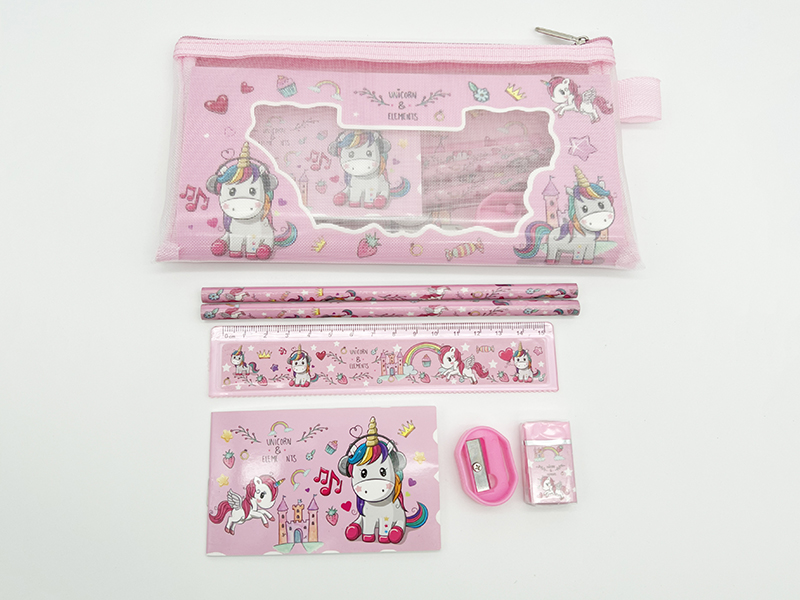 Zippered Bag Stationery Set (Pencil + Ruler + Notebook + Eraser + Sharpener)Unicorn