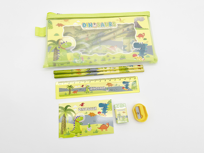 Zippered Bag Stationery Set (Pencil + Ruler + Notebook + Eraser + Sharpener)Dinosaur