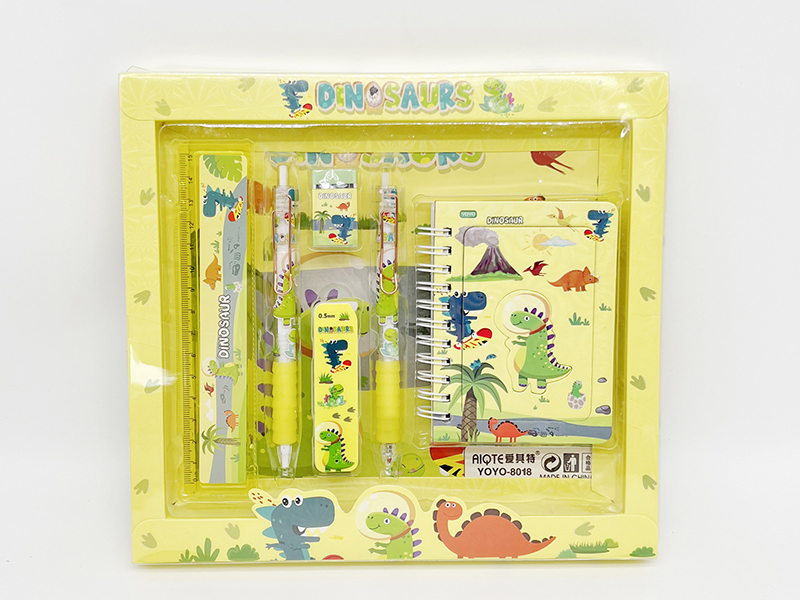 Dinosaur Stationery Set (Ballpoint Pen + Pencil + Pencil Cora + Eraser + Ruler + Notebook)