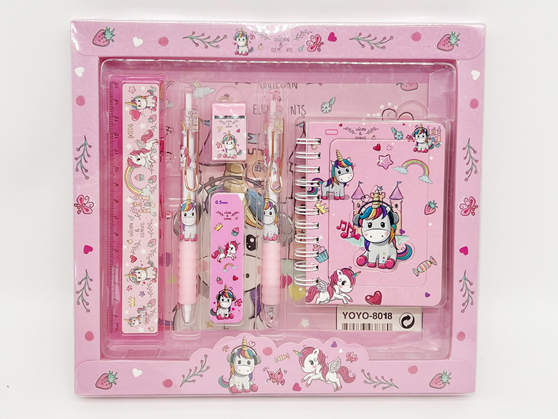 Unicorn Stationery Set (Ballpoint Pen + Pencil + Pencil Cora + Eraser + Ruler + Notebook)