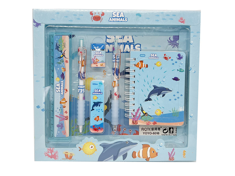 Sea World Stationery Set (Ballpoint Pen + Pencil + Pencil Cora + Eraser + Ruler + Notebook)