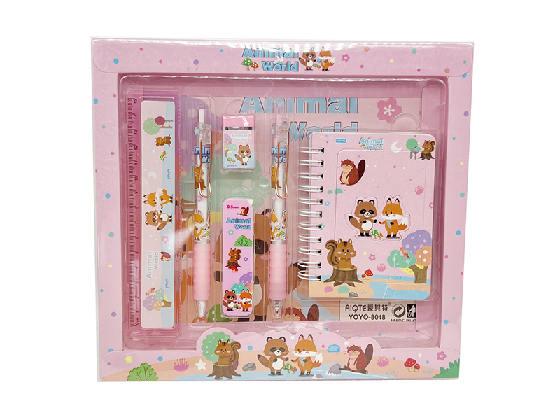 Animals World Stationery Set (Ballpoint Pen + Pencil + Pencil Cora + Eraser + Ruler + Notebook)