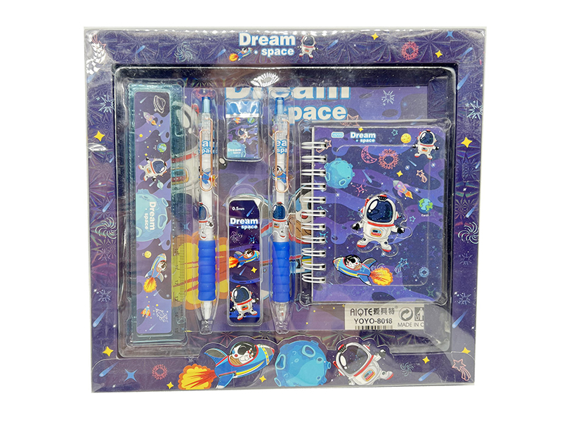 Space Stationery Set (Ballpoint Pen + Pencil + Pencil Cora + Eraser + Ruler + Notebook)