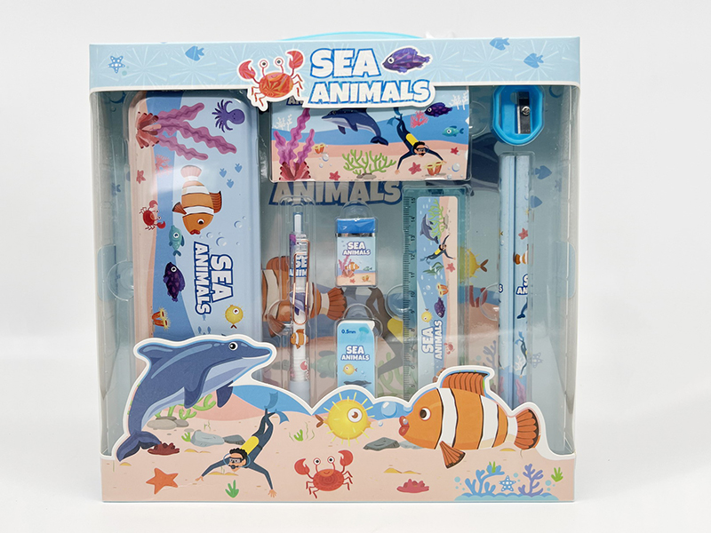 Sea Animals Stationery Set (Pencil Box + Pencil + Pencil Cora + Eraser + Ruler + Sharpener + Notebook)