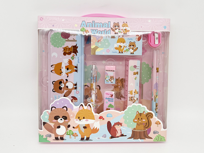 Animals World Stationery Set (Pencil Box + Pencil + Pencil Cora + Eraser + Ruler + Sharpener + Notebook)