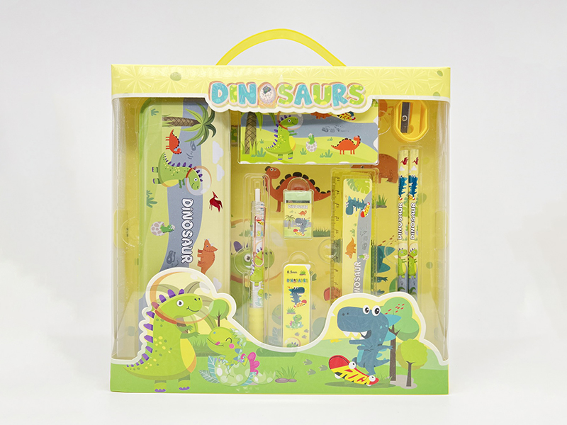 Dinosaur Stationery Set (Pencil Box + Pencil + Pencil Cora + Eraser + Ruler + Sharpener + Notebook)