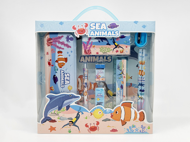 Sea Animals Stationery Set (Pencil Box + Pencil + Pencil Cora + Eraser + Ruler + Sharpener + Notebook)