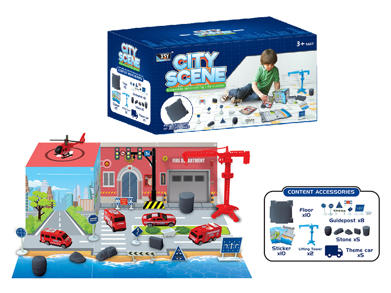 Plastic Pull Back Fire Engine DIY Assembly City Scene Set