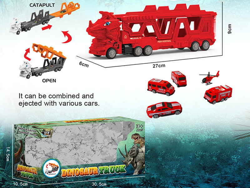 Friction Folding Ejection Triceratops Carrier Truck With Fire Engine
