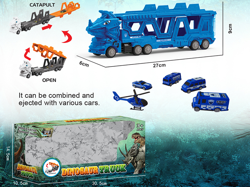 Friction Folding Ejection Triceratops Carrier Truck With Police Cars