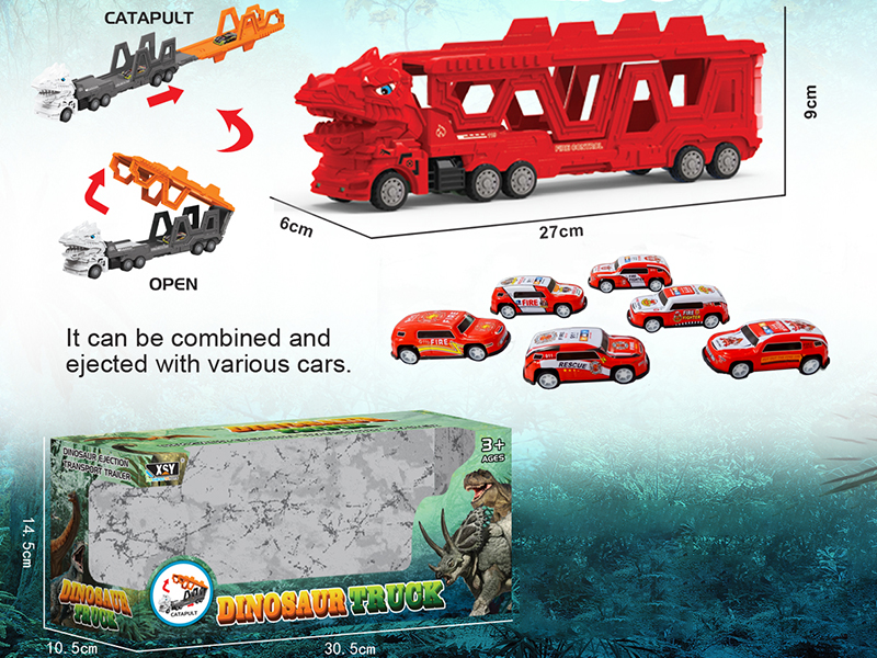 Friction Folding Ejection Tyrannosaurus Rex Carrier Truck With Fire Engine