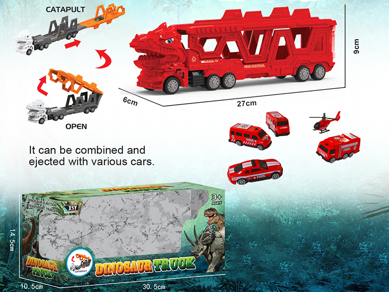 Friction Folding Ejection Tyrannosaurus Rex Carrier Truck With Fire Engine