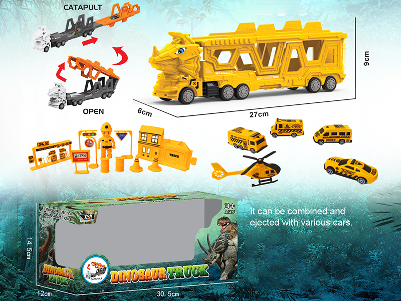Friction Folding Ejection Triceratops Carrier Truck With Engineering Trucks And Accessories