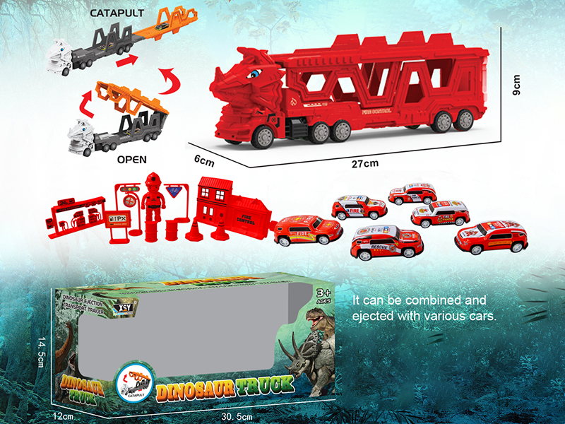 Friction Folding Ejection Triceratops Carrier Truck With Fire Engine And Accessories
