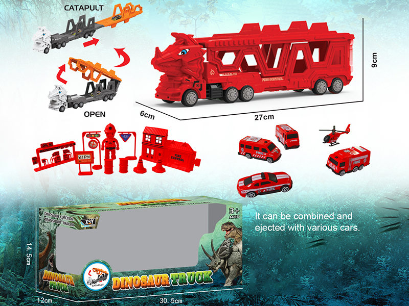 Friction Folding Ejection Triceratops Carrier Truck With Fire Engine And Accessories