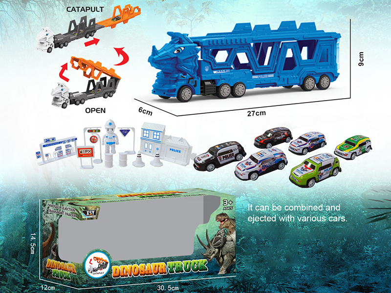 Friction Folding Ejection Triceratops Carrier Truck With Police Cars And Accessories