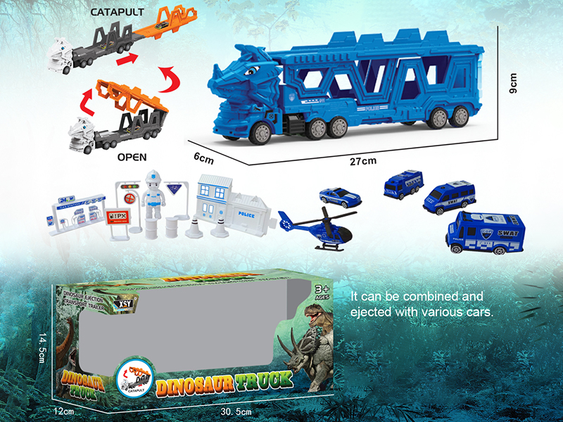 Friction Folding Ejection Triceratops Carrier Truck With Police Cars And Accessories