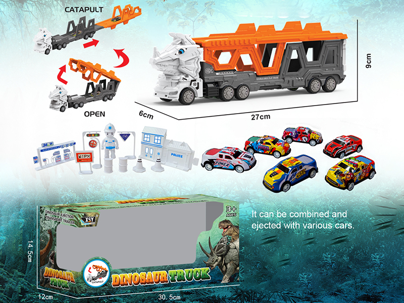 Friction Folding Ejection Triceratops Carrier Truck With City Cars And Accessories