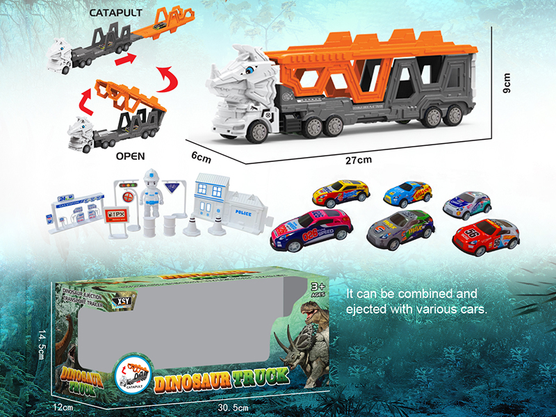 Friction Folding Ejection Triceratops Carrier Truck With City Cars And Accessories