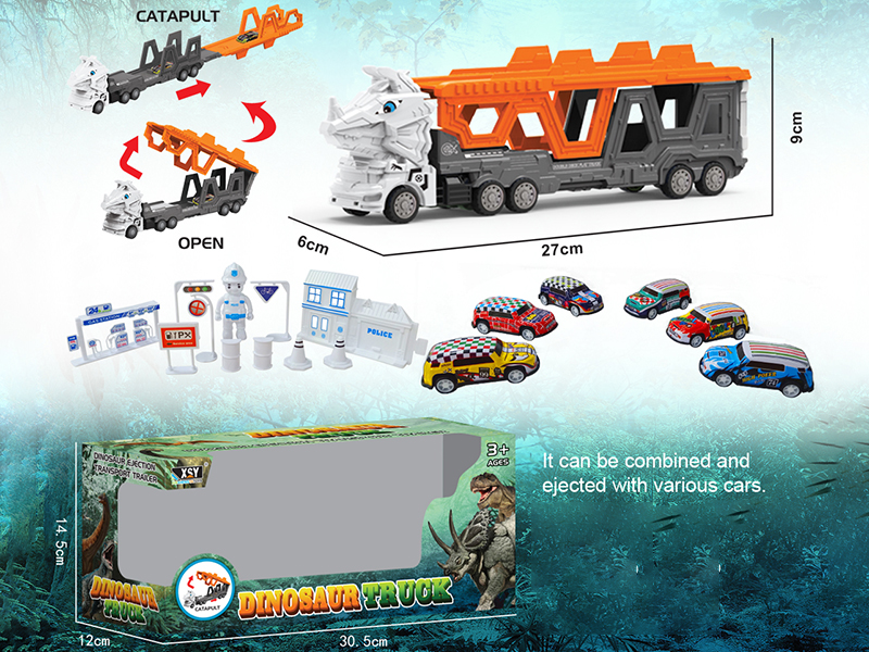 Friction Folding Ejection Triceratops Carrier Truck With City Cars And Accessories