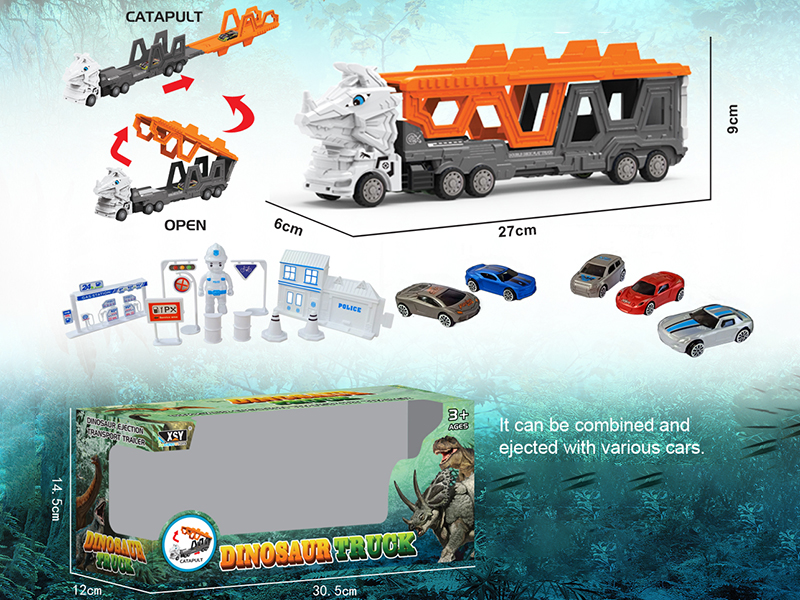 Friction Folding Ejection Triceratops Carrier Truck With City Cars And Accessories