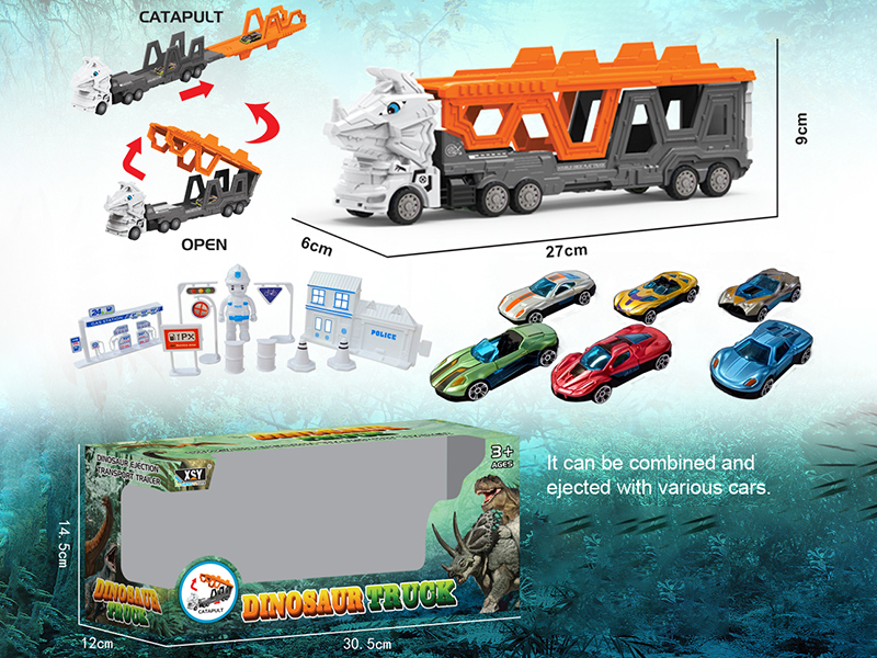 Friction Folding Ejection Triceratops Carrier Truck With City Cars And Accessories