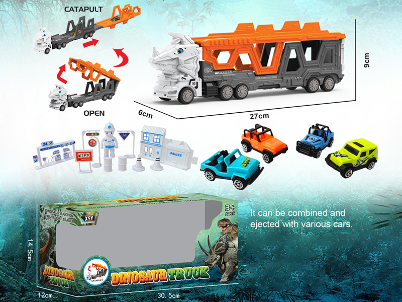 Friction Folding Ejection Triceratops Carrier Truck With City Cars And Accessories