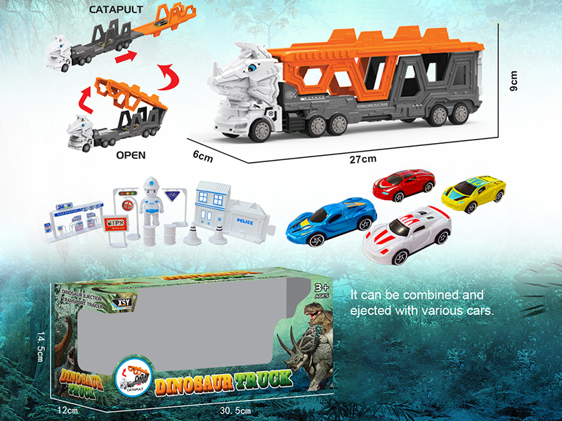 Friction Folding Ejection Triceratops Carrier Truck With City Cars And Accessories