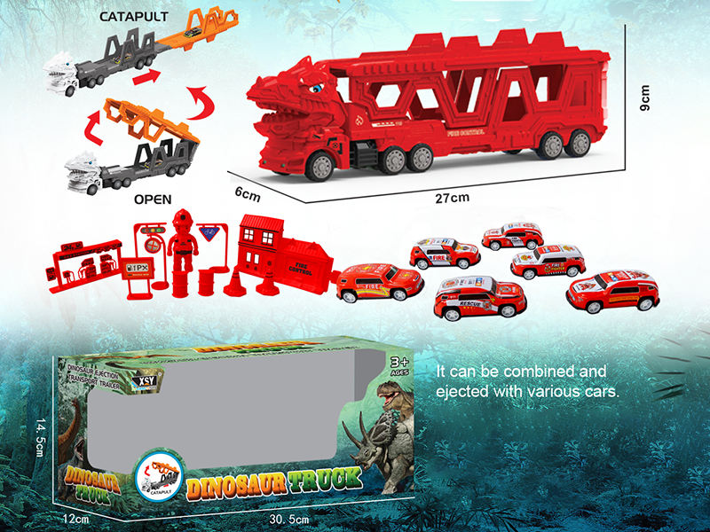 Friction Folding Ejection Tyrannosaurus Rex Carrier Truck With Fire Engine And Accessories