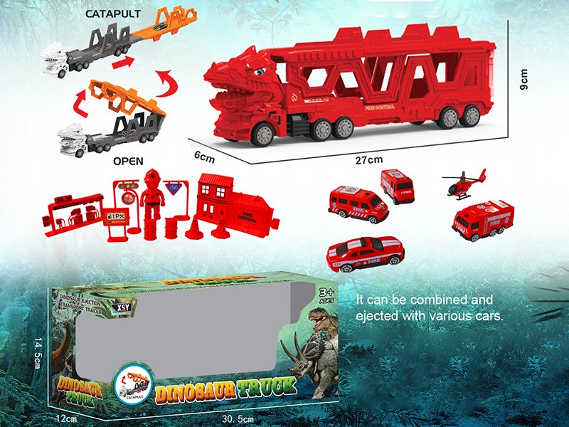 Friction Folding Ejection Tyrannosaurus Rex Carrier Truck With Fire Engine And Accessories