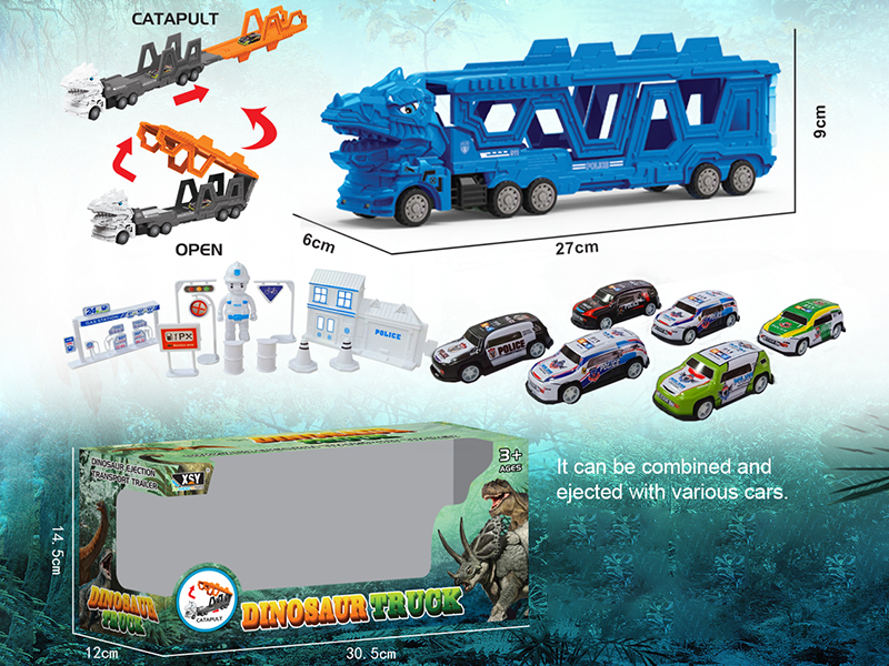 Friction Folding Ejection Tyrannosaurus Rex Carrier Truck With Police Cars And Accessories