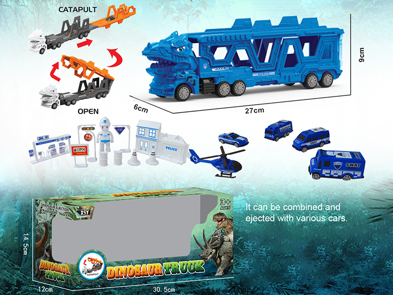 Friction Folding Ejection Tyrannosaurus Rex Carrier Truck With Police Cars And Accessories