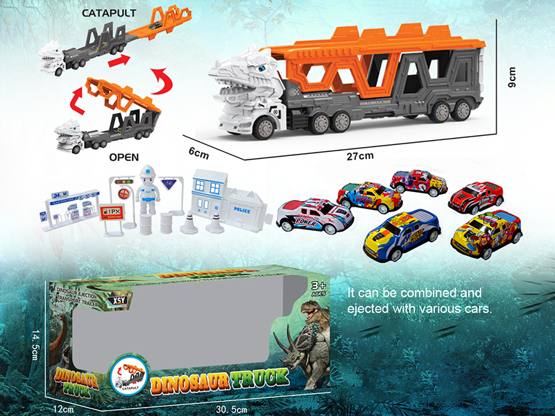 Friction Folding Ejection Tyrannosaurus Rex Carrier Truck With City Cars And Accessories