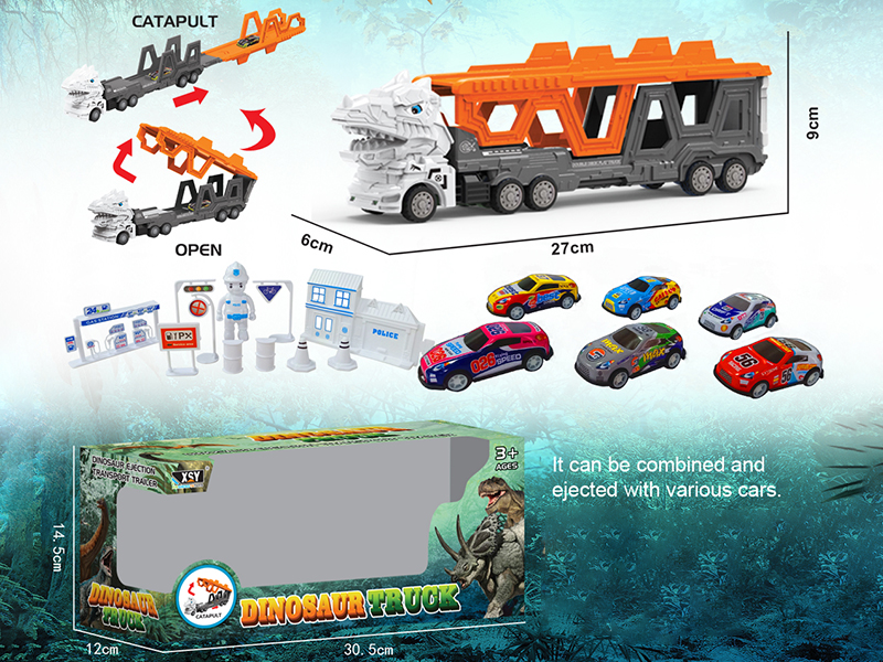 Friction Folding Ejection Tyrannosaurus Rex Carrier Truck With City Cars And Accessories