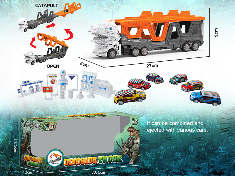 Friction Folding Ejection Tyrannosaurus Rex Carrier Truck With City Cars And Accessories