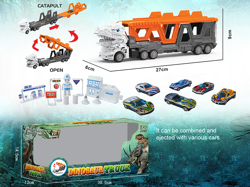 Friction Folding Ejection Tyrannosaurus Rex Carrier Truck With City Cars And Accessories