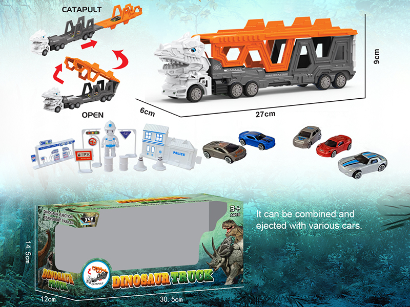 Friction Folding Ejection Tyrannosaurus Rex Carrier Truck With City Cars And Accessories