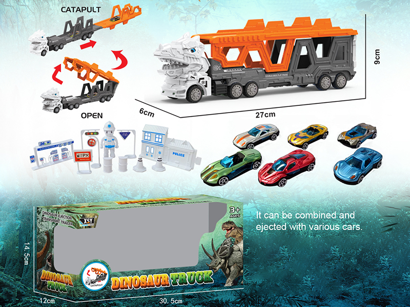 Friction Folding Ejection Tyrannosaurus Rex Carrier Truck With City Cars And Accessories