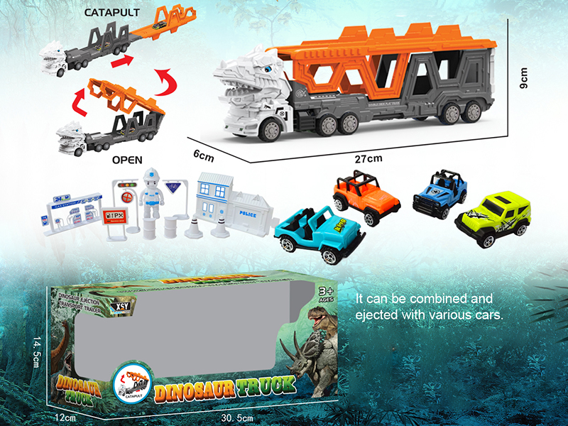Friction Folding Ejection Tyrannosaurus Rex Carrier Truck With City Cars And Accessories