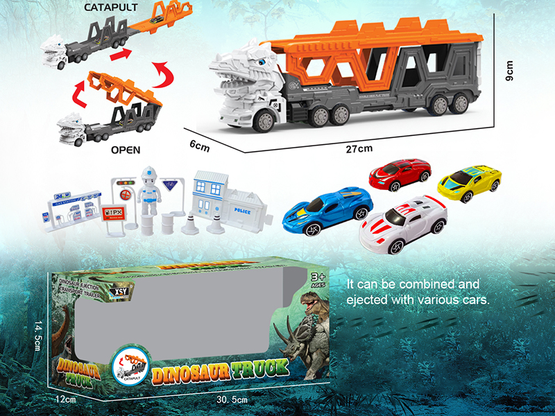 Friction Folding Ejection Tyrannosaurus Rex Carrier Truck With City Cars And Accessories