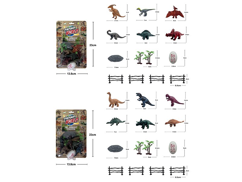 3 Inch Dinosaurs 6pcs + Tree + Stone + Dinosaur Eggs + Fence