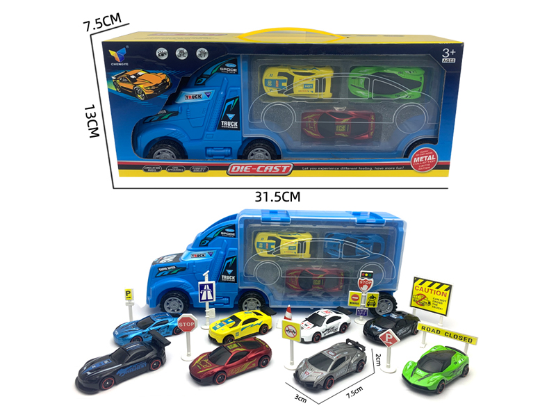 Friction Container Trailer+3 Alloy Racing Car With Road Signs