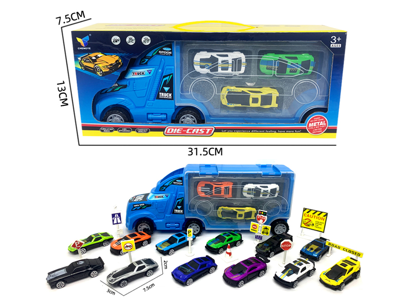 Friction Container Trailer+3 Alloy Sports Car With Road Signs